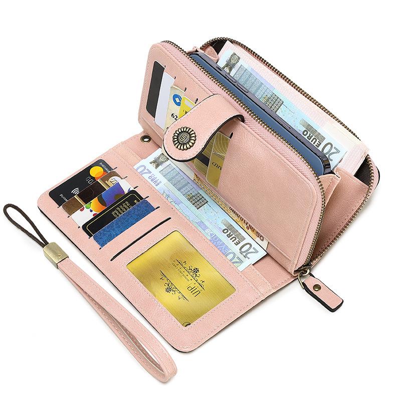 Women's Retro Oil Wax Leather Long Wallet - Hollowed-out Design, Multi-functional, Large Capacity Phone Bag