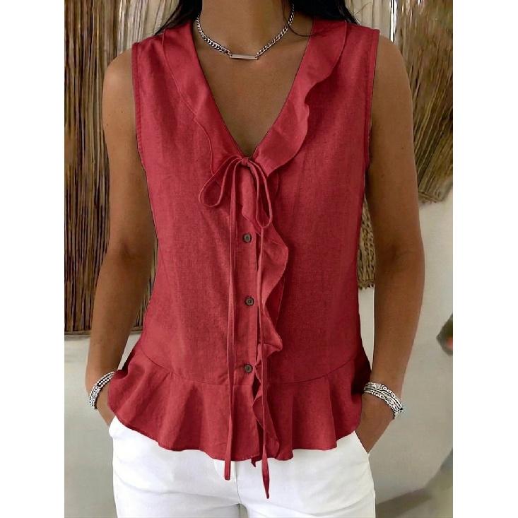 2026 Summer New V-neck Ruffle Trim Tie Sleeveless Top Women's Casual T-shirt