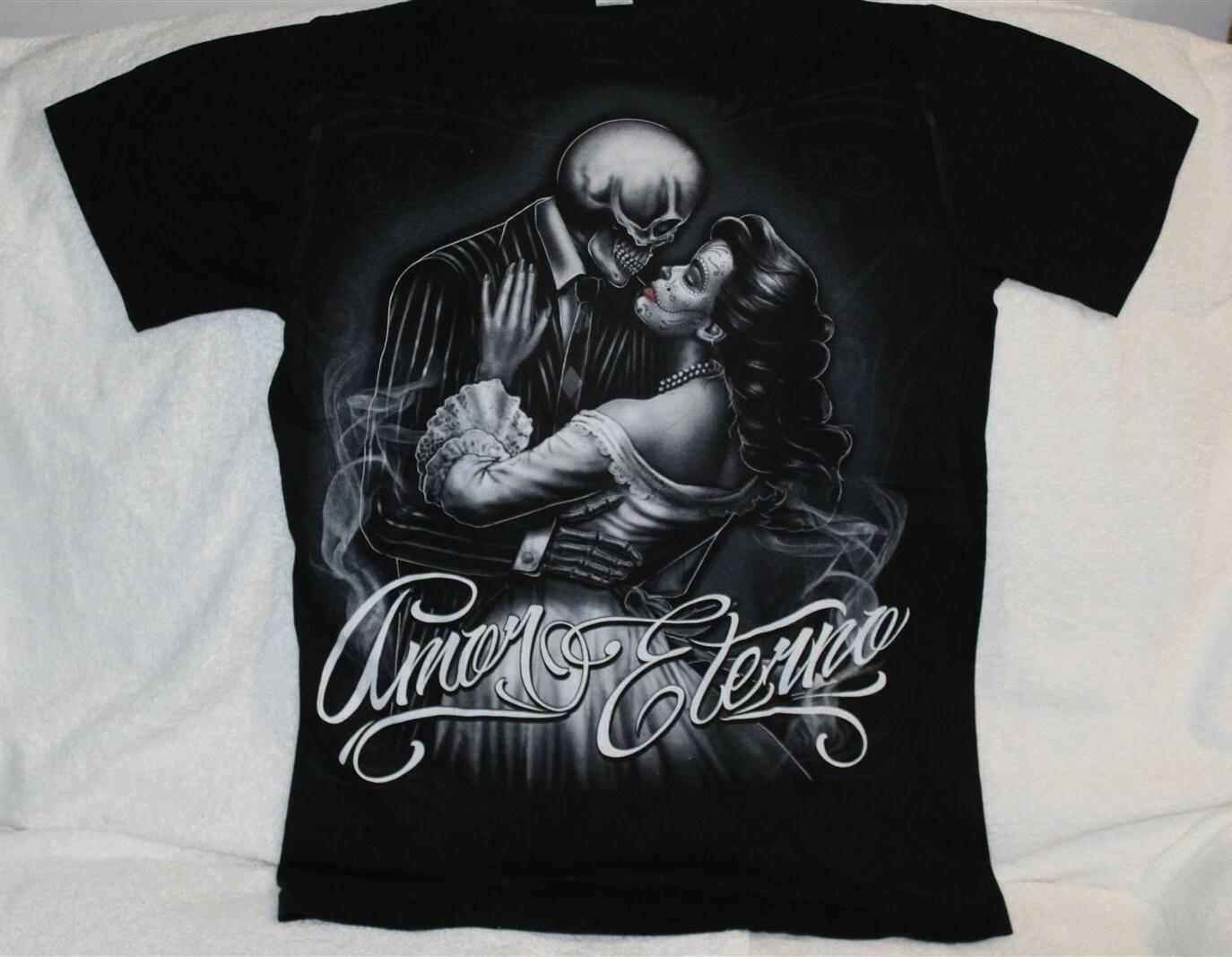

SKELETON AND DAY OF THE DEAD WOMAN AMOR ETERNO LOVE T-shirt L