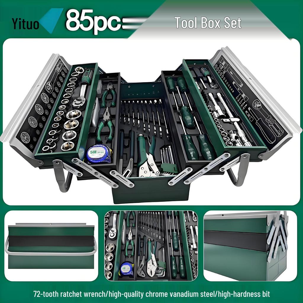 85-Piece Multi-functional Auto Repair Toolbox with 72-Tooth Ratchet and Socket Set
