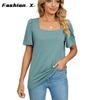 Printemps et Été Nouveau T-shirt ample à manches courtes et col carré de couleur unie Tops tricotés Femme
