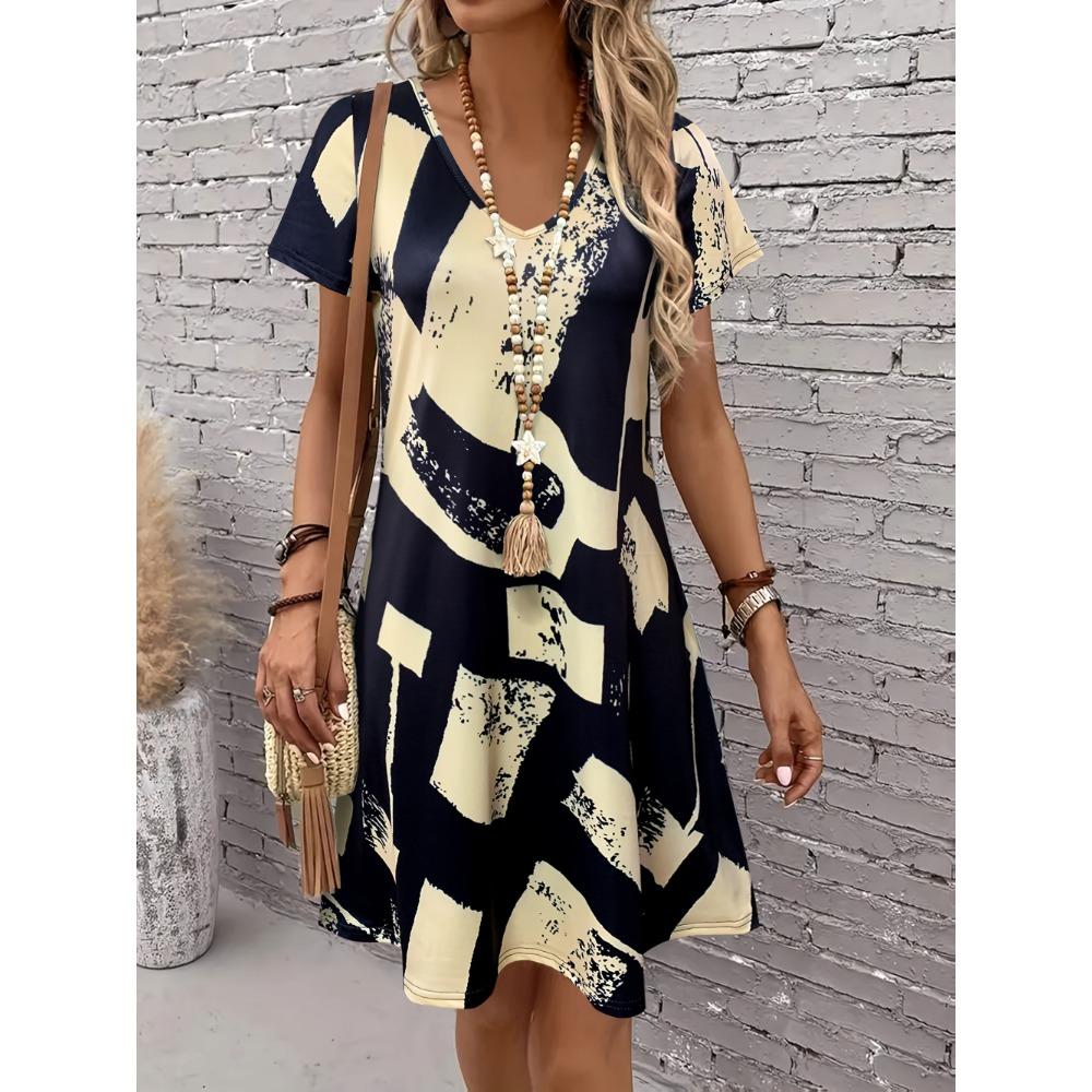 Women s Summer Abstract Print Dress, V - Neck Short Sleeve, Ideal Vacation Outfits Women, Flowy Dress Summer, Must - Have Summer S