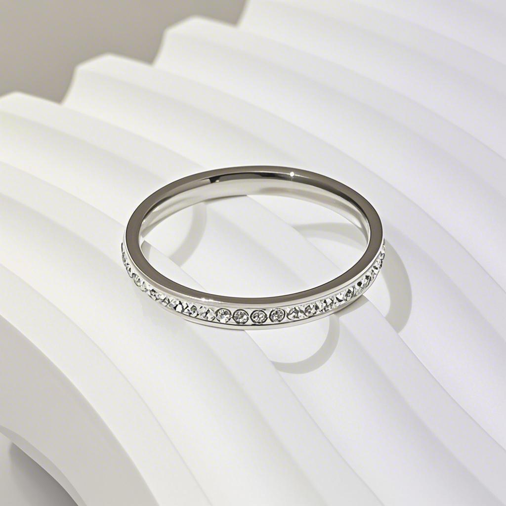 Women's Stainless Steel 2mm Wide Diamond Ring - Simple, Durable, Fade-Resistant Cold Titanium Steel Design.