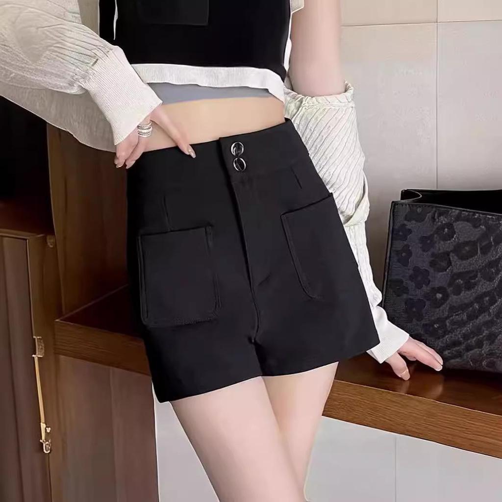 Plus Size High Waist Black Elastic Letter Wide-Leg Shorts - Korean Style Women's Summer Slimming Hot Pants.