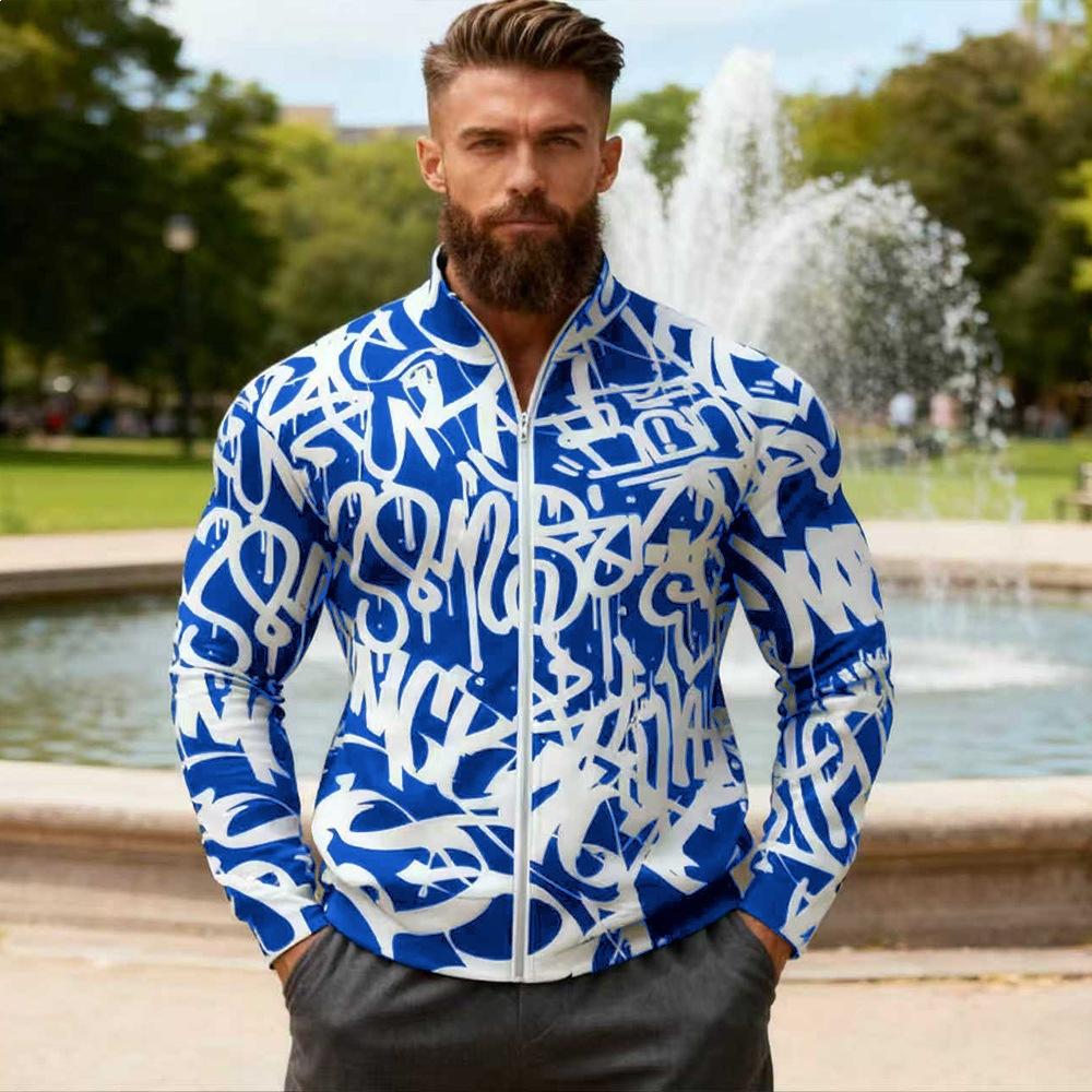 Men's 2026 Casual Zip-Up Hoodie Geometic Print Color Block Lightweight Jacket Streetwear