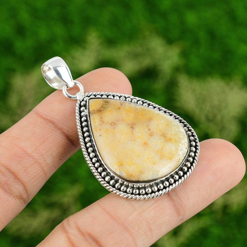Daughters Day Deal 925 Sterling Silver Pear Fossil Coral Stone Bezel New Pendant