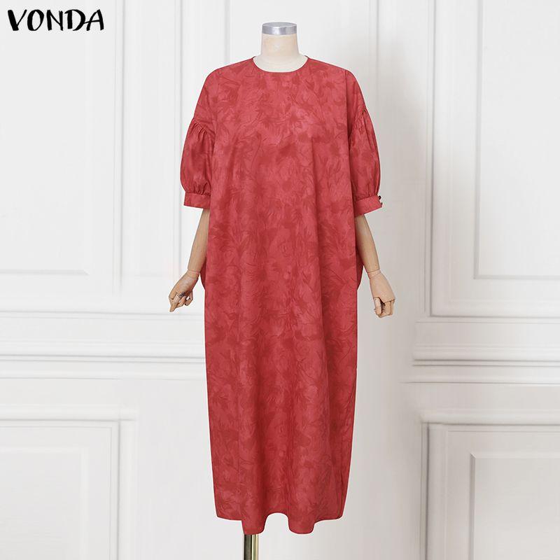 

VONDA Overszied Women Batwing Sleeve Floral Print Loose Casual Long Maxi Robe Dress M красный