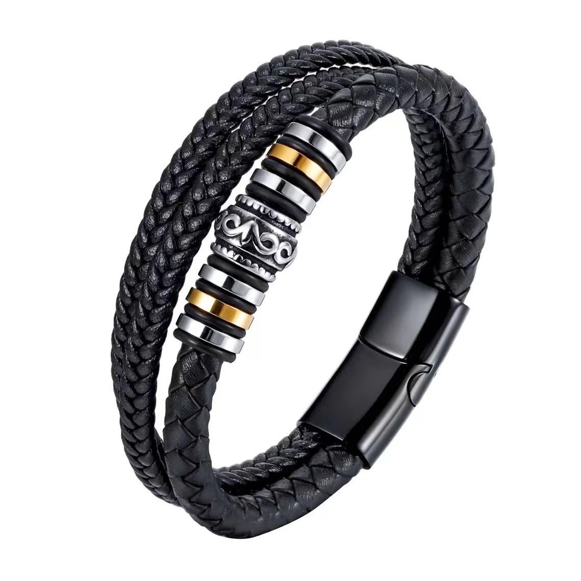 Cross-border Hot-selling European American Cross Leather Bangle Men Multi-layer Handmade Braided Rope Electroplated Magnetic
