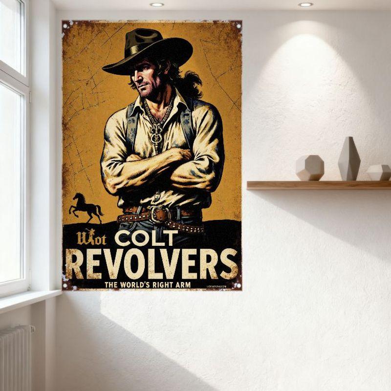 Vintage Hot Colt Revolvers 'Världens Högra Hand' Metallplåtskylt Western Cowboy Häst Affisch Väggdekor för Bar Man Cave Hem C