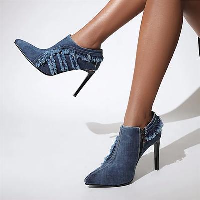 Sommerliche Ankle Boots aus gebürstetem Denim Damen Sexy Hohe Dünne Absätze Spitzpumps Blau Verwaschene Jeans Partykleid Lady Stiletto Stiefeletten