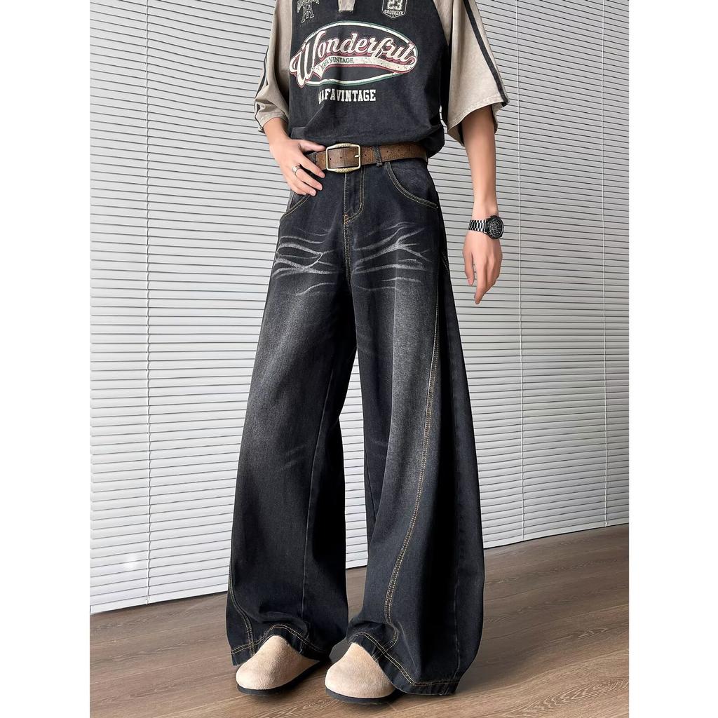 Unisex High Waist Barrel Jeans Loose Fit Streetwear Wide Leg Jeans Vintage American Zip Fly Stretch Denim Trousers