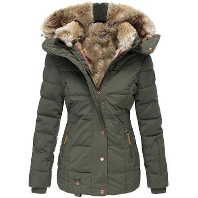 Women's Faux Fur Collar Cotton Padded Winter Jacket - Slim Fit, Hooded, Long Sleeve Coat