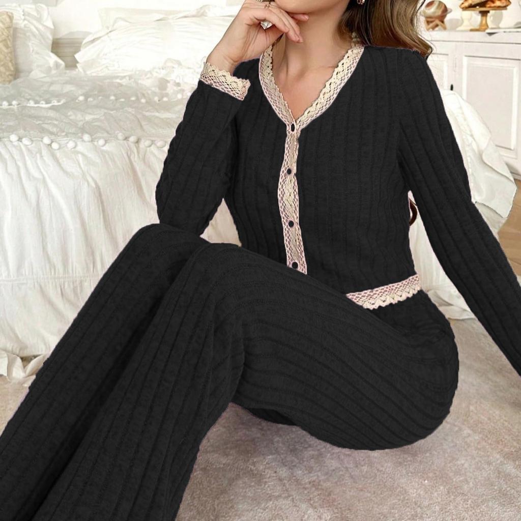 Spring autumn Women Cardigan Sleepwear solid lace Trim Pajamas Set casual sexy crop Tops and Long Trousers Loungewear Nightwear