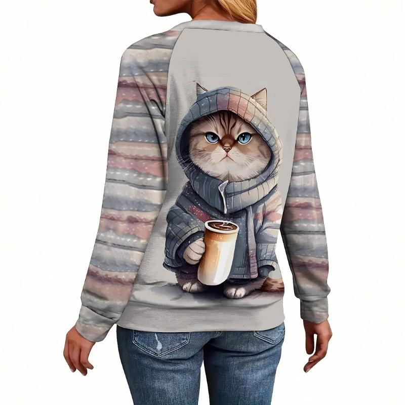 Digital Printed Pullovers Cartoon Cute Cat Autumn Winter Women's Round Neck Casual Long Sleeved Sweatshirt