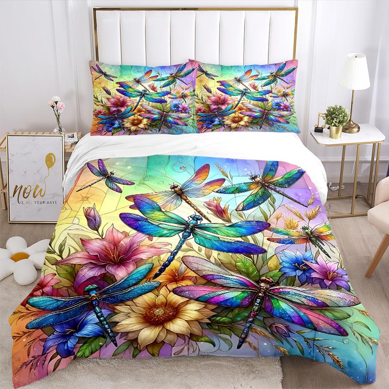 3pcs Colorful Dragonflies Printed Bedding Set, Soft and Comfortable Quilt Cover for Bedroom, Guest Room (1 Duvet Cover + 2 Pillowcases