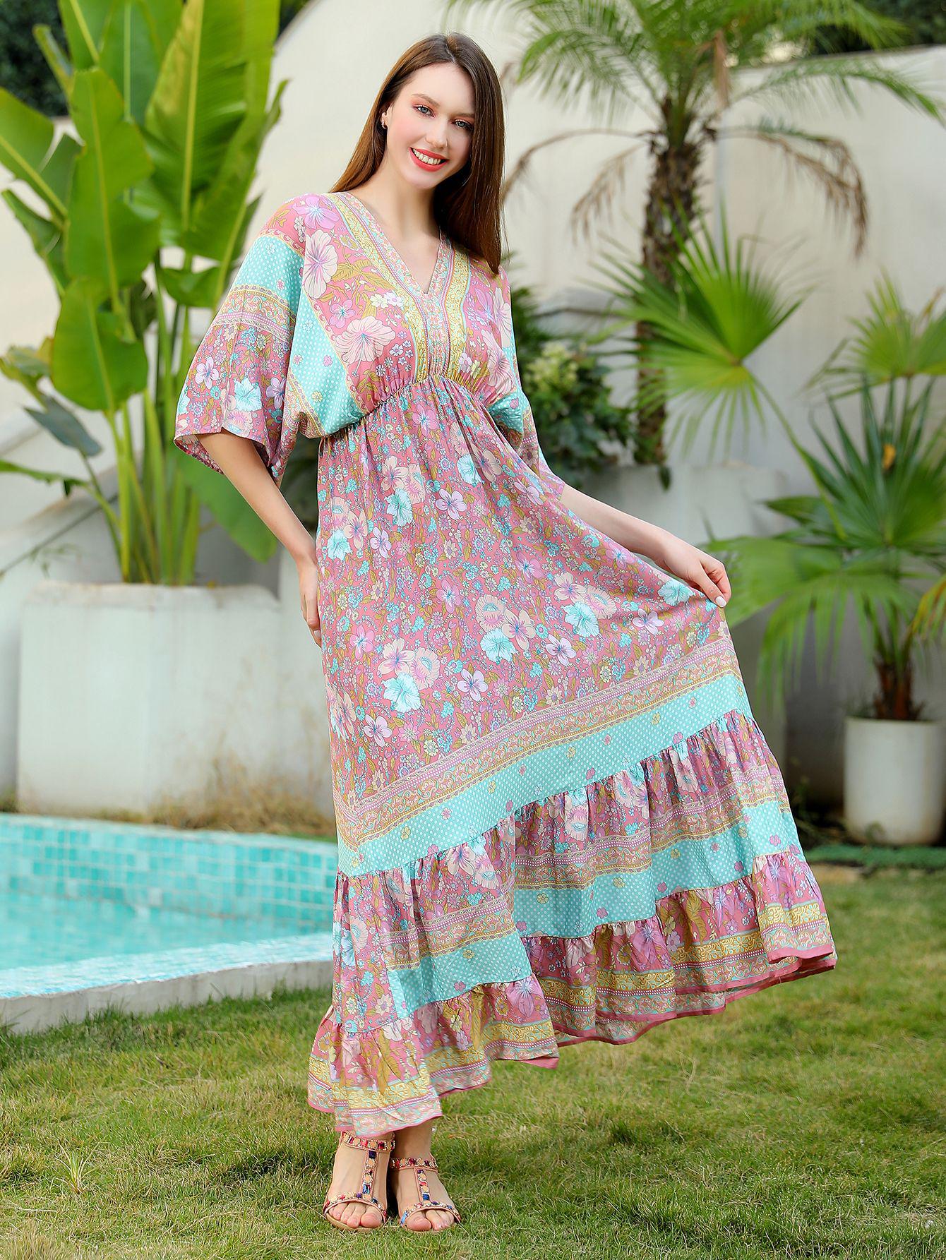 

Новое женское вискозное богемное праздничное пляжное длинное платье One Size розовый/цветочный