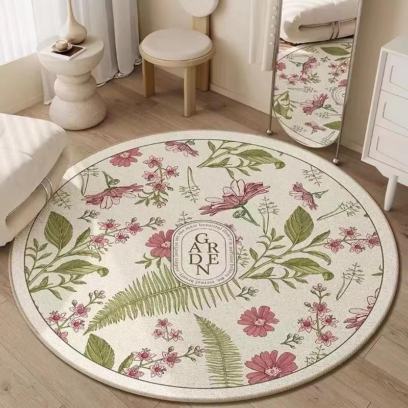 American Retro Flower Round Carpet Non-Slip Bed Blanket Light Luxury Advanced New Home Circle Rug Girl Room Elegant Decoration