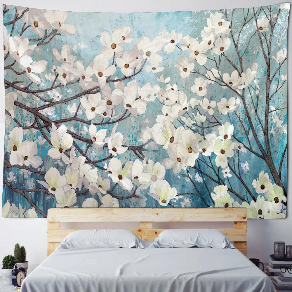 Charming Floral Tapestry White Blossoms Blue Background Unique Wall Art for Home Decor Bedroom Nature Lover Gift