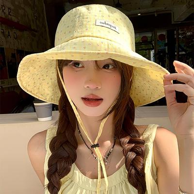 Women Sweet Flower Print Fishermen Hat Spring Summer Large Brim Lace-up Sunshade Floral Bucket Hat Female Girl Travel Beach Caps