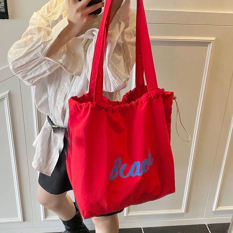 Bag Women's New Alphabet Flower Nylon One Shoulder Crossbody Bag Casual Versatile Drawstring Large Capacity Tote Bag
