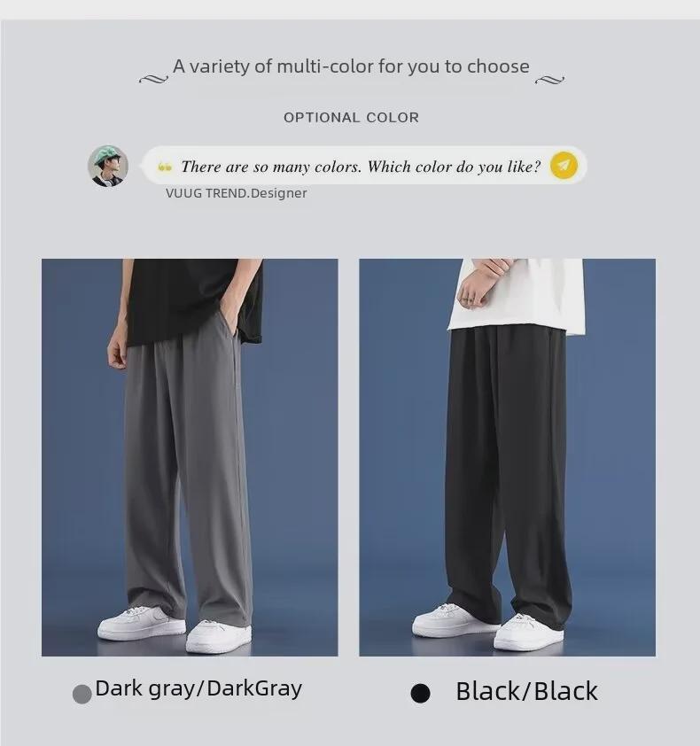 Pánské tepláky s širokými nohavicemi z ledového hedvábí pro jaro 2024: Jednobarevné, Lehké, Rovný střih