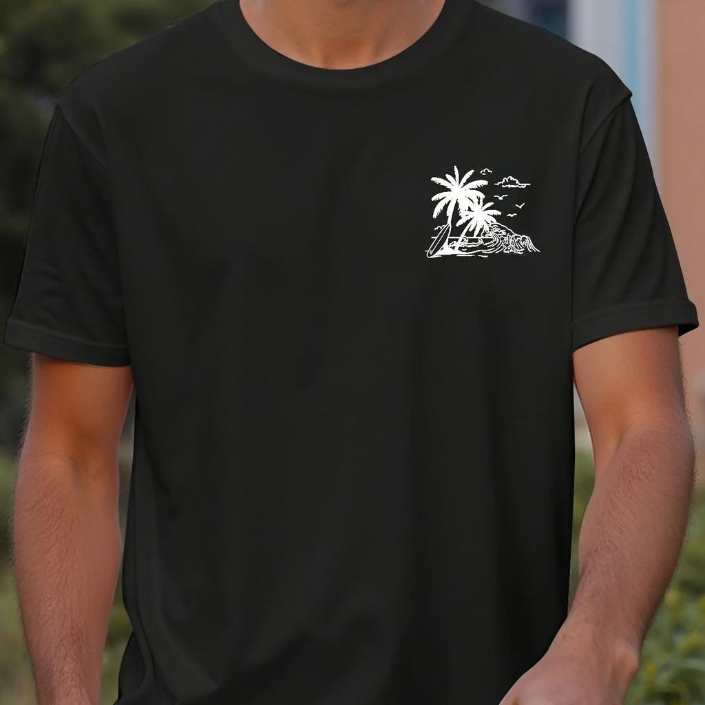 Herren T-Shirt mit kurzen Ärmeln Lebhaftes Blau mit Weißem Palmenbaum Wellen Grafikdruck Atmungsaktiv Rundhalsausschnitt T-Shirt Herrenbekleidung