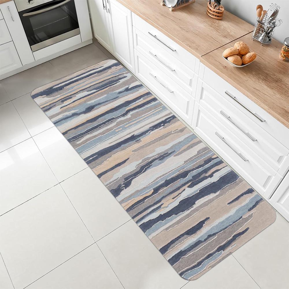Abstract Watercolor Striped Long Rug Colorful Beige Blue Gray Pattern Non-Slip Mat for Kitchen Bathroom Home Decor