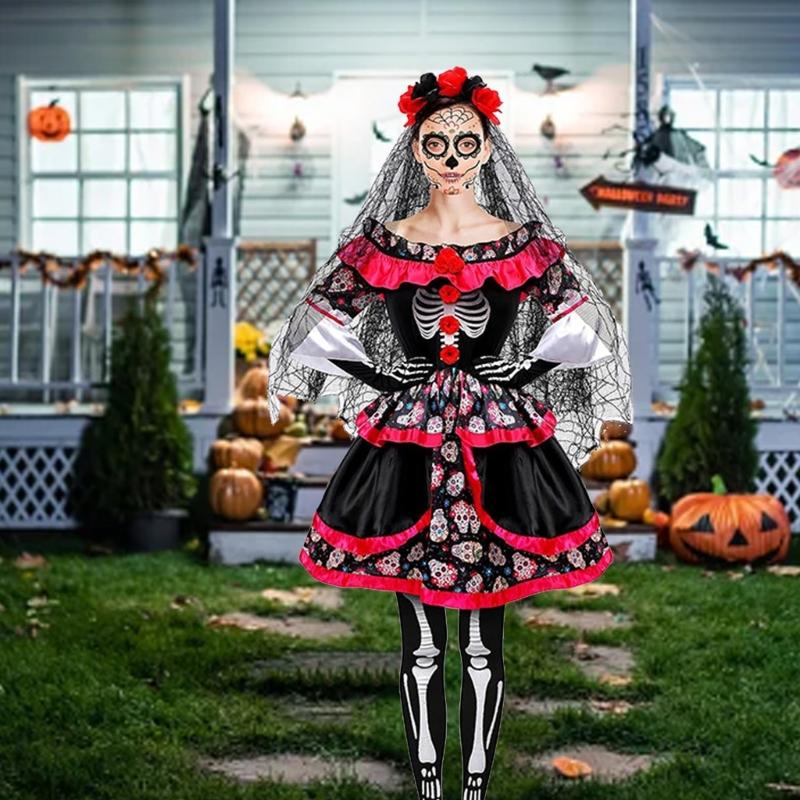 Day of The Deads Costume Sugar Skull Costume Accessories Day Of The Deads Face Tattooed Veil Headbands Fishnet Stockings