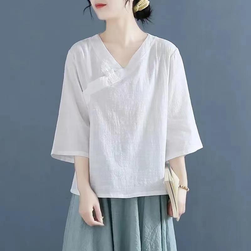 

Женская футболка с рукавом пять точек большого размера из хлопка и льна на осень и лето, новая свободная приталенная с V-образным вырезом, базовая футболка для чая 4XL белый