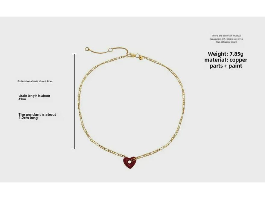 High-Grade Wine Red Heart Necklace & Earrings - Copper Plated, Real Gold, Simple Hong Kong Style Clavicle Chain