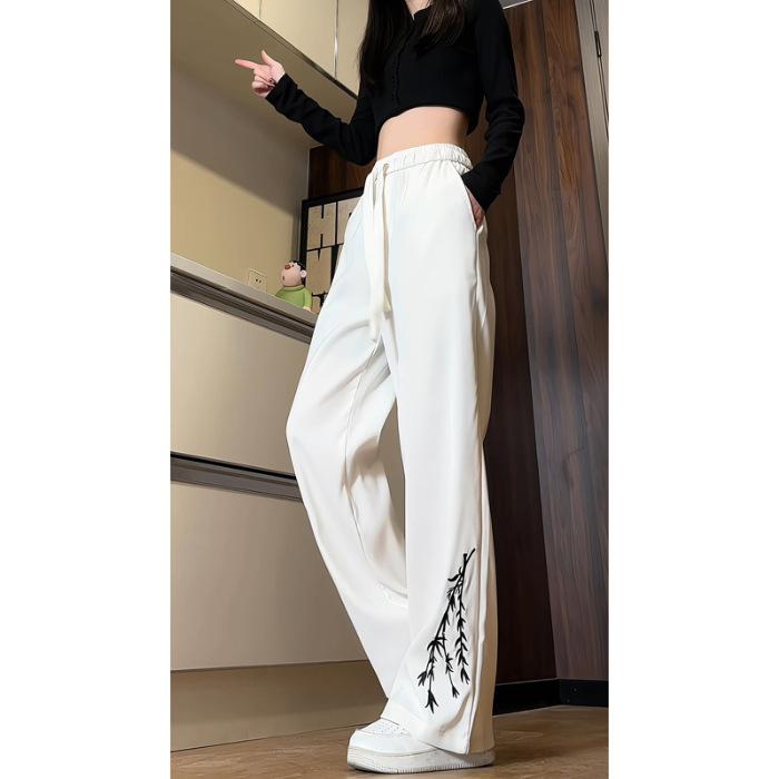 

Новые брюки из ледяного шелка с вышивкой в китайском стиле для женщин на весну и осень, тонкий фасон, облегающий и свисающий, повседневные широкие универсальные брюки 2XL