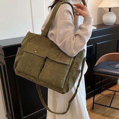 Vintage Multi-pocket Shoulder Bag Elegant Casual Underarm Bag Corduroy Tote Bag  Autumn and Winter