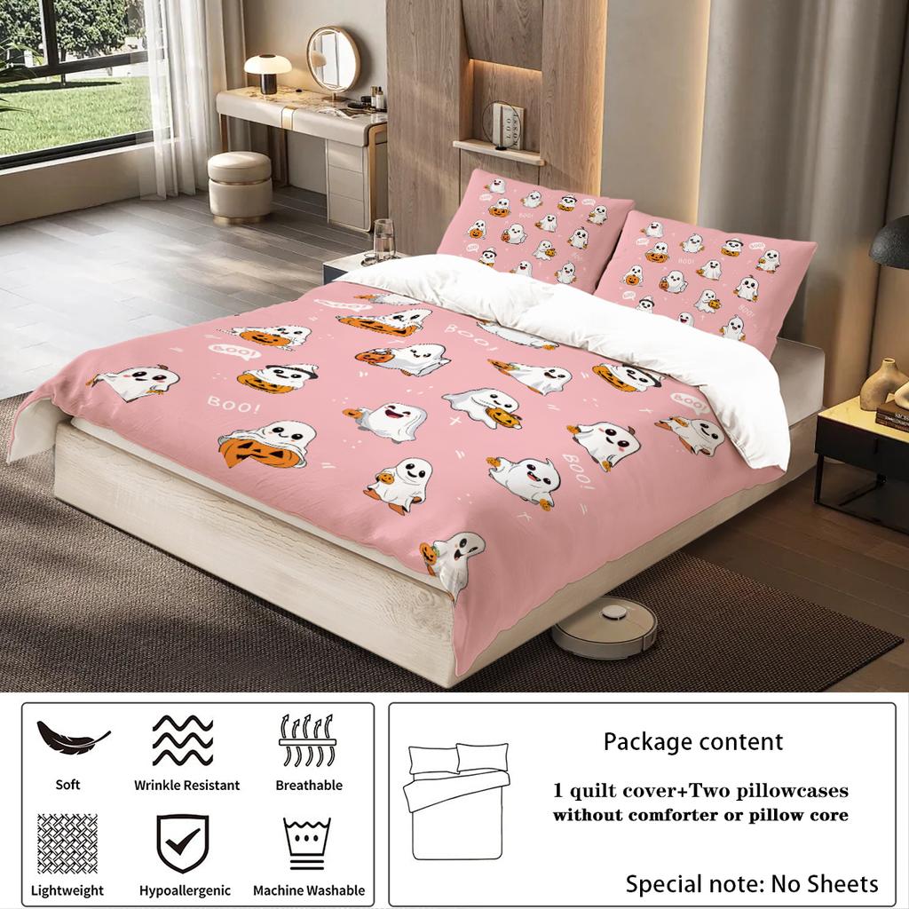 3pcs Pink Bedding Set Happy Halloween Ghost Print Cozy Soft Duvet Cover King Queen Twin Size Halloween Gift Adult Bedroom Decor