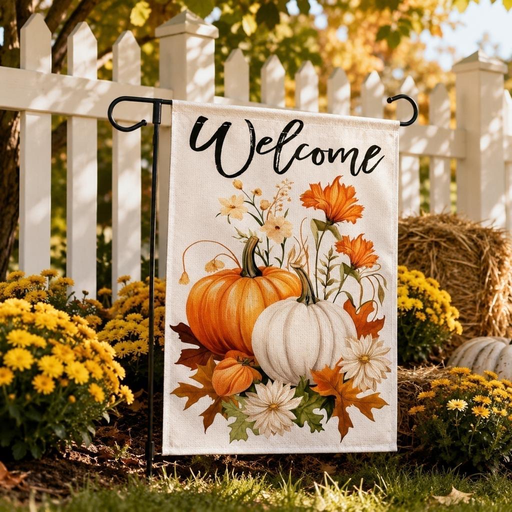 Autumn Garden Decorative Flag 45x30cm Fall Harvest Outdoor Yard Banner with Pumpkin and Leaf Wreath Design for Thanksgiving Seasonal Display