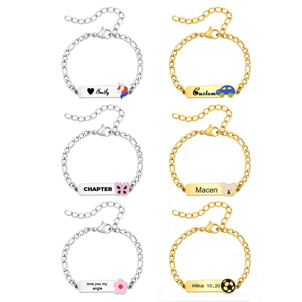Pulsera Personalizada Grabada con ID y Nombre para Niños y Niñas, Cadena Figaro Mariposa Ajustable, Regalo para Recién Nacidos f