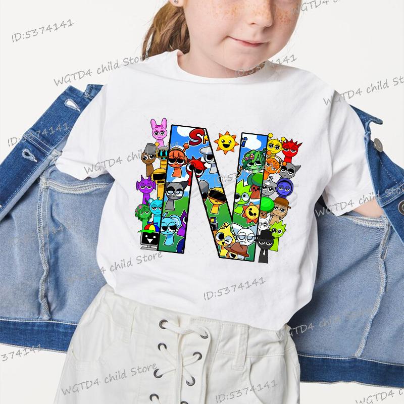 

2025 Новый Спранки Английская буква ABCD.. Детские футболки Мода Incredibox Игра Футболка Мультяшный 26 Алфавит Мальчики Девочки Смешная футболка 130