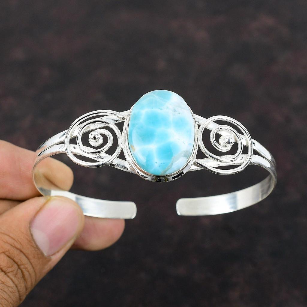 Larimar Cuff Bracelet 925 Sterling Silver Bangle Gemstone Jewelry Adjustable Bangle Handmade Cuff Bracelet Gift For Mother Elegant Jewelry