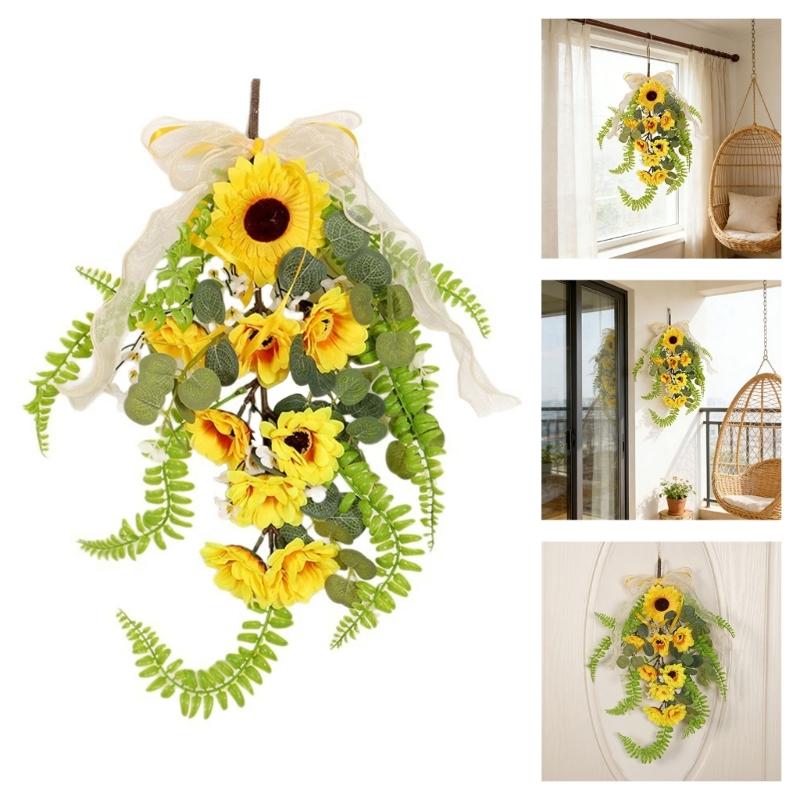 Easy To Install Faux Sunflower Wall Hanging Ornament Green Plant Decoration for Home or Commercial Space