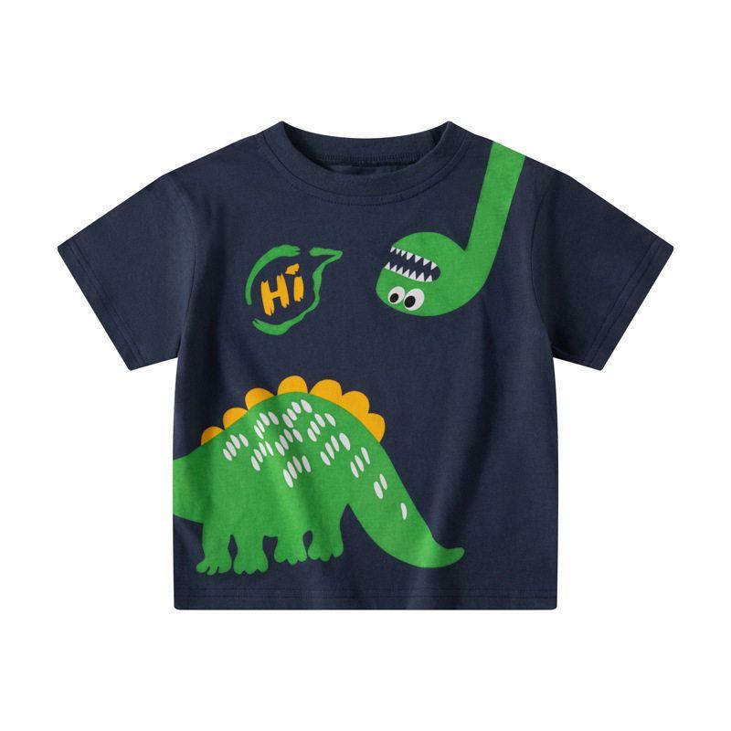 Children's Clothing Summer Kids Short-Sleeved T-shirt Boys and Girls Dinosaur round Neck Clothes Baby Boy Loose Shoulder 100% Cotton Coat