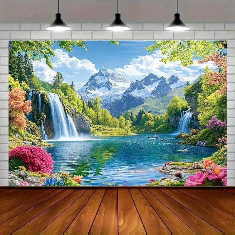 2D plane natural waterfall landscape background decoration suitable for all four seasons polyester fiber