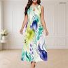 Women Plus Size Round Neck Triple Keyhole Cutout Sleeveless Printed Navy Blue Long Dress