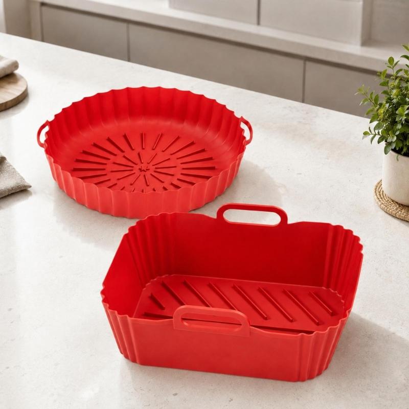 Round and Square Cooking Basket Trays in Reusable Silicone with Grip Handle Design and Crumb Collecting Base Pair