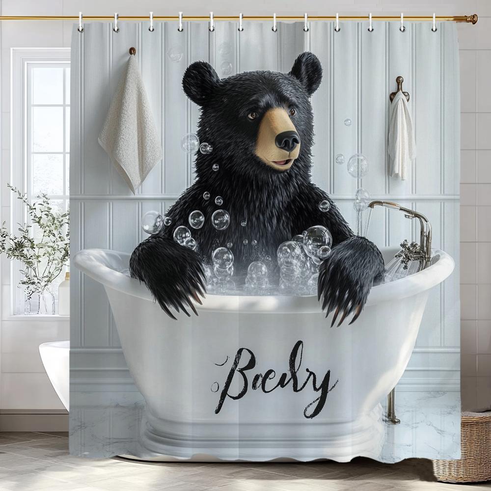 Cute Black Bear Bathing in the Bathtub Shower Curtain, Bathroom Decorative Shower Curtain, Waterproof Shower Curtain with Hooks