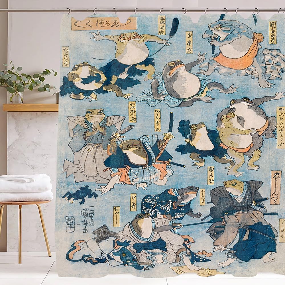 Dunika Chen Samurai Frogs Shower Curtain Sets Vintage Japanese Folklore Bath Curtain, Ninja Frog And Toad Fun Bathroom Decor Art Curtains