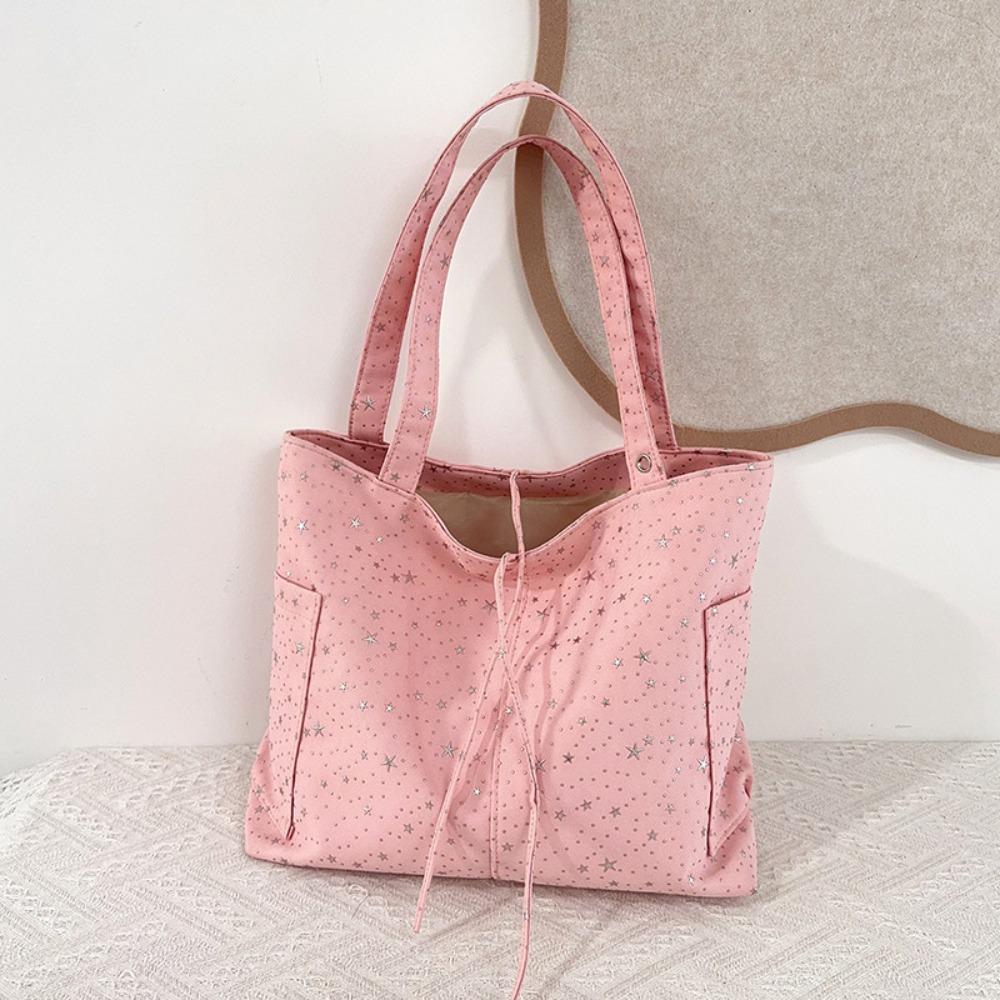 New Canvas Material Tote Bag Large Capacity Korean Style Shoulder Handbag Star Rhinestone Shopping Tote Bag Commute