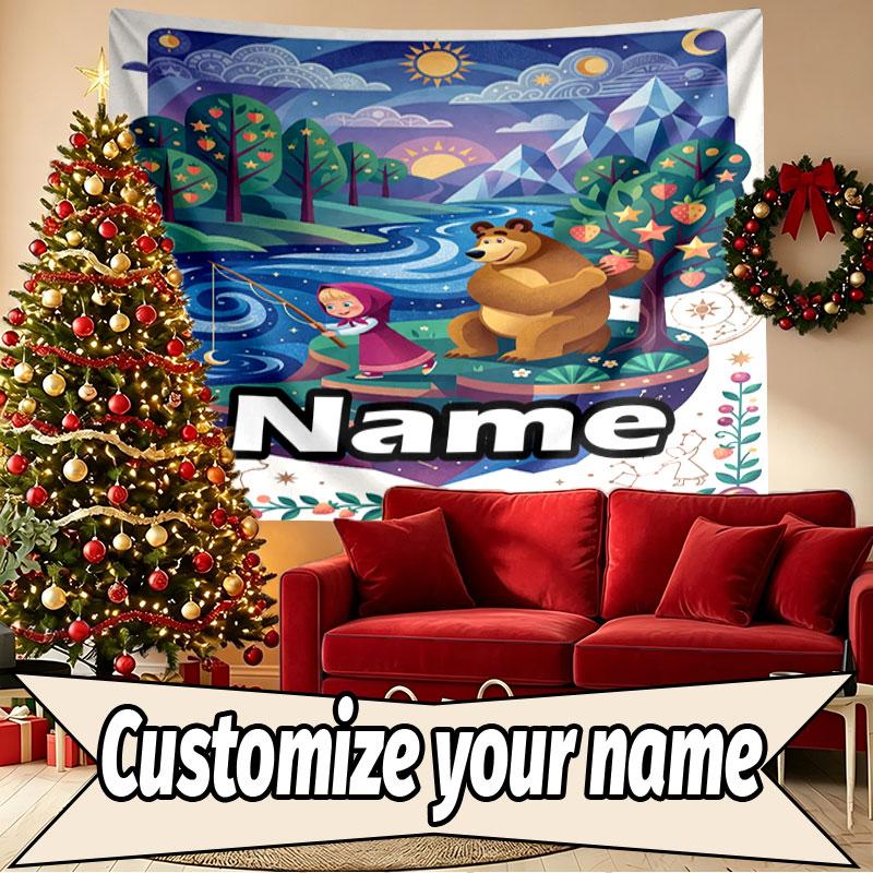 Custom Name Personalized Masha and the Bear Print Tapestry, Wall Art Decor, Bedroom, Dorm, Apartment, LivingRoom, Party Backdrop, Gift for Birthday