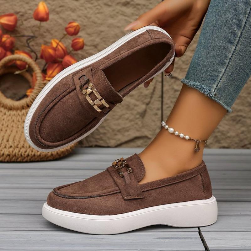 Women's Fashi Faux Suede Loafers Metal Buckle Slip Thick Sole Platform Sneakers Casual Comfort Daily Walking Shoes Lady