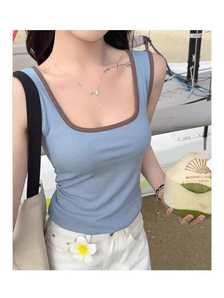 Trendy Square Neck Color Block Camisole with Chest Pads - Summer Hot Item for Inner & Outer Wear