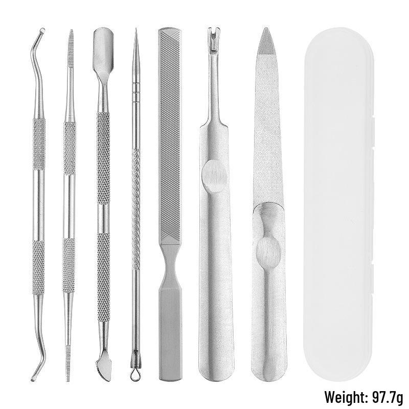 Stainless Steel Manicure & Pedicure Tool Set: Pusher, Blackhead Needle, Nail Cleaner & File