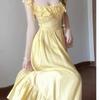 Summer Small Yellow Flower French Square Neck Fungus Edge Waist Skinny Long Skirt Vacation Dating Dress Women